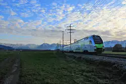 Zugsvielfalt bei Sonnenuntergang an der Bahnstrecke Bern-Thun: MUTZ 006 der BLS erbringt eine Leistung als S1 Thun-Bern-Fribourg mit Halt an allen Stationen.